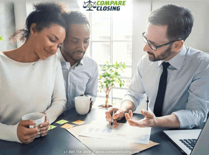 A couple reviews documents with a business professional in an office. The company logo "COMPARECLOSING" is displayed at the top of the image. Contact details are visible at the bottom.