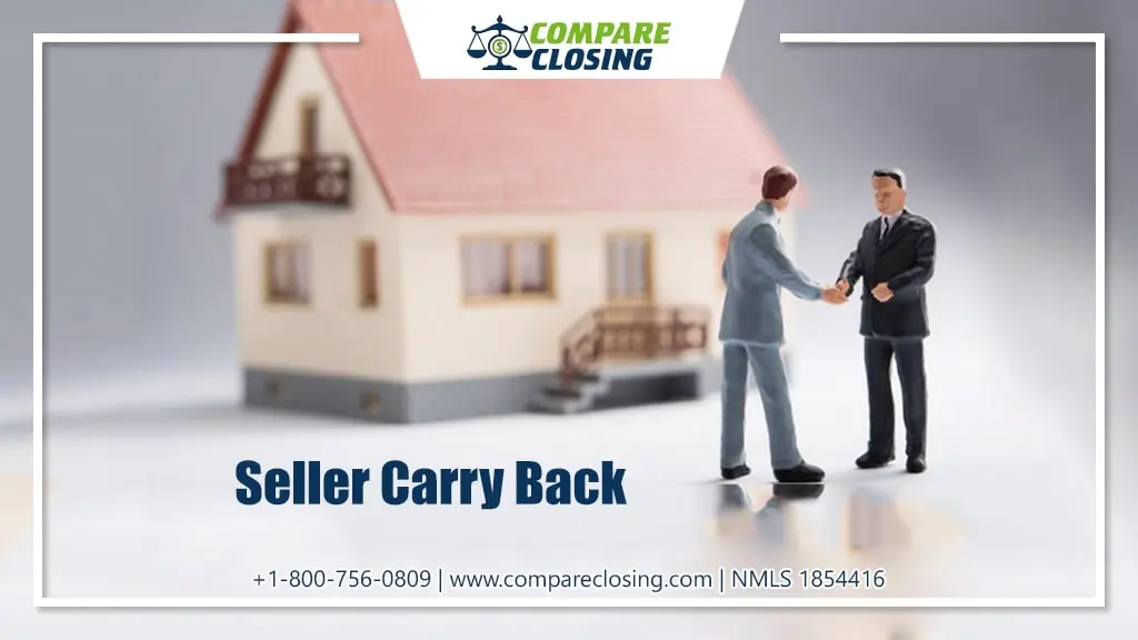 Two figurines shaking hands in front of a model house with the text "Seller Carry Back" and contact information for Compare Closing.