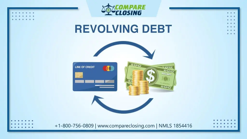 An image showing a cycle of revolving debt with graphics of a credit card and stacks of cash linked by arrows. The text "COMPARE CLOSING" is at the top, and contact details are at the bottom.