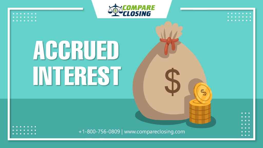 Image showing the text "ACCRUED INTEREST" next to an illustration of a money sack and three stacked coins, with contact details and the logo "COMPARE CLOSING" at the top.