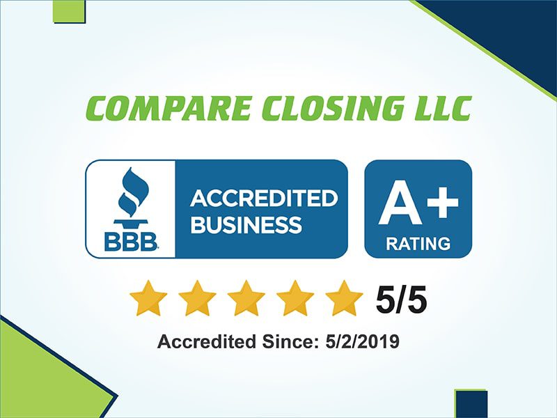 Image shows the logo and accreditation details of "Compare Closing LLC" from the Better Business Bureau, featuring an A+ rating, five stars, and noting accreditation since May 2, 2019.