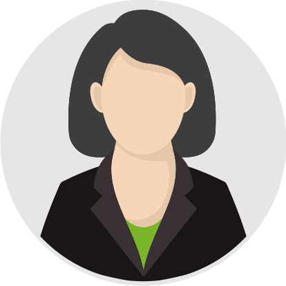 Illustration of a faceless, dark-haired person with a bob haircut, wearing a black blazer over a green shirt, set against a grey background.