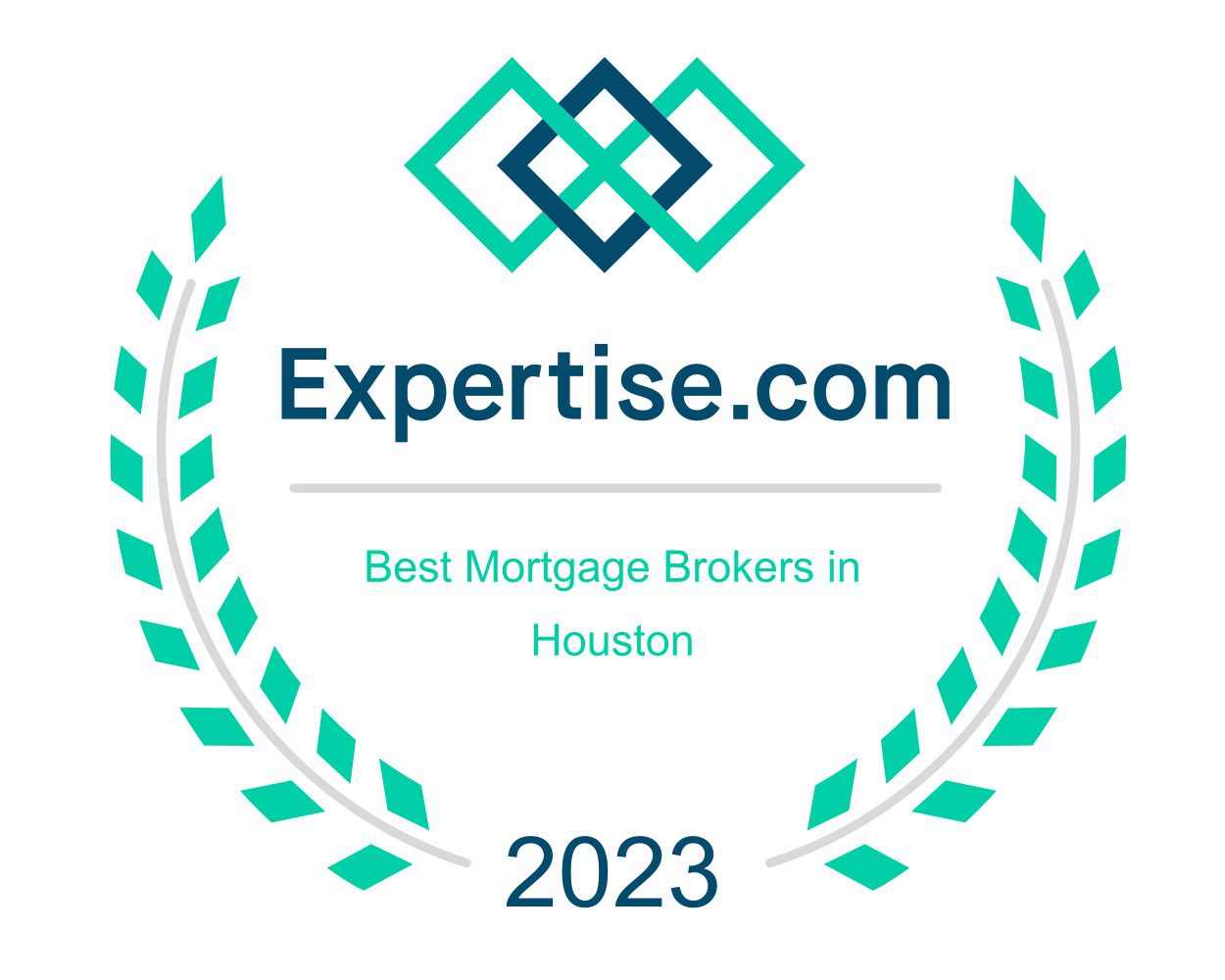 A badge from Expertise.com recognizing the best mortgage brokers in Houston for the year 2023.