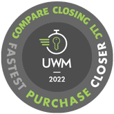 Circular badge with "COMPARE CLOSING LLC FASTEST PURCHASE CLOSER" around the edge and "UWM 2022" in the center with a stopwatch graphic.