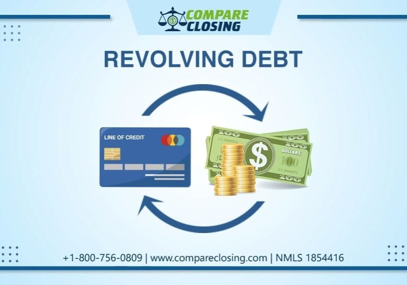 An image showing a cycle of revolving debt with graphics of a credit card and stacks of cash linked by arrows. The text "COMPARE CLOSING" is at the top, and contact details are at the bottom.