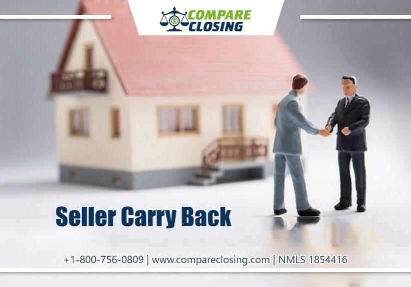 Two figurines shaking hands in front of a model house with the text "Seller Carry Back" and contact information for Compare Closing.